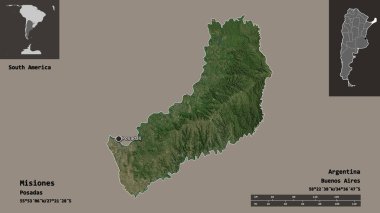 Misiones şehri, Arjantin eyaleti ve başkenti. Uzaklık ölçeği, ön gösterimler ve etiketler. Uydu görüntüleri. 3B görüntüleme
