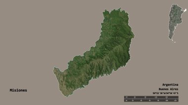 Arjantin 'in Misiones şehrinin başkenti sağlam bir zemin üzerinde izole edilmiştir. Uzaklık ölçeği, bölge önizlemesi ve etiketleri. Uydu görüntüleri. 3B görüntüleme