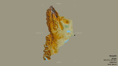 Arjantin 'in Neuquen bölgesi, katı bir arka planda izole edilmiş bir sınır kutusunda. Etiketler. Topografik yardım haritası. 3B görüntüleme