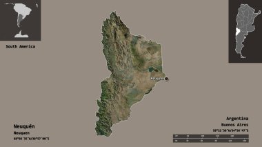 Neuquen şehri, Arjantin eyaleti ve başkenti. Uzaklık ölçeği, ön gösterimler ve etiketler. Uydu görüntüleri. 3B görüntüleme