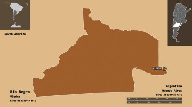 Rio Negro 'nun şekli, Arjantin vilayeti ve başkenti. Uzaklık ölçeği, ön gösterimler ve etiketler. Desenli dokuların bileşimi. 3B görüntüleme