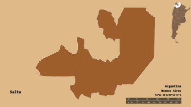 Salta, Arjantin eyaleti, başkenti sağlam bir zemin üzerinde izole edilmiştir. Uzaklık ölçeği, bölge önizlemesi ve etiketleri. Desenli dokuların bileşimi. 3B görüntüleme