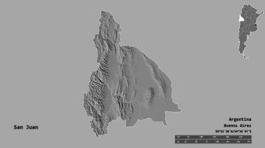 San Juan, Arjantin eyaleti, başkenti sağlam bir zemin üzerinde izole edilmiştir. Uzaklık ölçeği, bölge önizlemesi ve etiketleri. Çift seviyeli yükseklik haritası. 3B görüntüleme