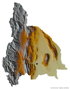 Beyaz arka planda başkenti izole edilmiş, Arjantin 'in San Juan eyaleti. Topografik yardım haritası. 3B görüntüleme