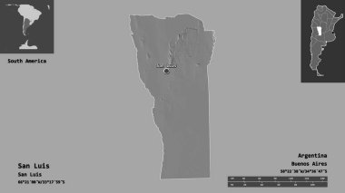 San Luis 'in şekli, Arjantin vilayeti ve başkenti. Uzaklık ölçeği, ön gösterimler ve etiketler. Çift seviyeli yükseklik haritası. 3B görüntüleme