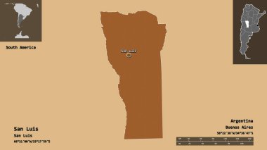 San Luis 'in şekli, Arjantin vilayeti ve başkenti. Uzaklık ölçeği, ön gösterimler ve etiketler. Desenli dokuların bileşimi. 3B görüntüleme