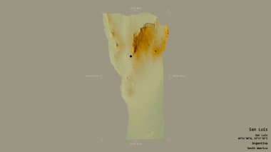 Arjantin 'in San Luis bölgesi, sağlam bir arka planda izole edilmiş bir sınır kutusunda. Etiketler. Topografik yardım haritası. 3B görüntüleme