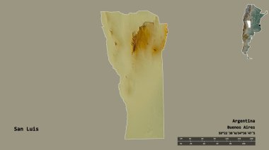 San Luis, Arjantin eyaleti, başkenti sağlam bir zemin üzerinde izole edilmiştir. Uzaklık ölçeği, bölge önizlemesi ve etiketleri. Topografik yardım haritası. 3B görüntüleme