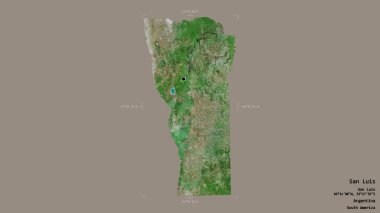 Arjantin 'in San Luis bölgesi, sağlam bir arka planda izole edilmiş bir sınır kutusunda. Etiketler. Uydu görüntüleri. 3B görüntüleme