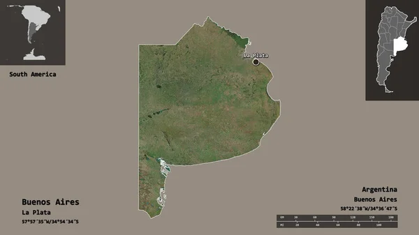 ブエノスアイレス アルゼンチンの州とその首都の形 距離スケール プレビューおよびラベル 衛星画像 3Dレンダリング — ストック写真