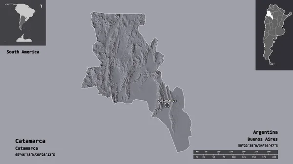 阿根廷的卡塔马卡省的形状及其首都 距离刻度 预览和标签 彩色高程图 3D渲染 — 图库照片