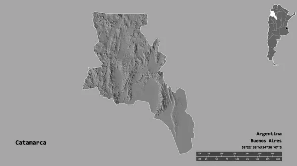 阿根廷的卡塔马卡省的形状 其首都在坚实的背景下与世隔绝 距离尺度 区域预览和标签 Bilevel高程图 3D渲染 — 图库照片