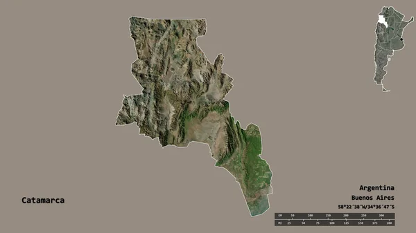 阿根廷的卡塔马卡省的形状 其首都在坚实的背景下与世隔绝 距离尺度 区域预览和标签 卫星图像 3D渲染 — 图库照片