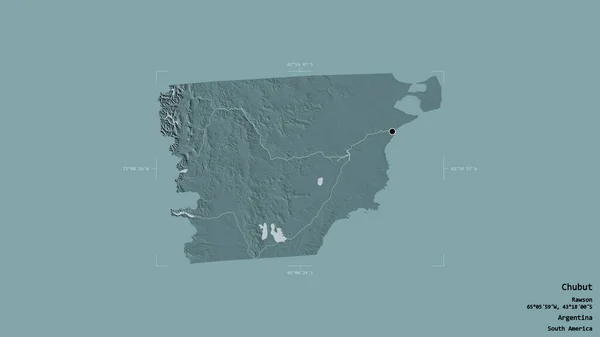 アルゼンチンのチュブト州の地域は 洗練された境界線の箱の中にしっかりとした背景に隔離されています ラベル 色の標高マップ 3Dレンダリング — ストック写真