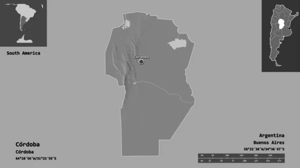 アルゼンチンのコルドバ州とその首都の形 距離スケール プレビューおよびラベル 標高マップ 3Dレンダリング — ストック写真