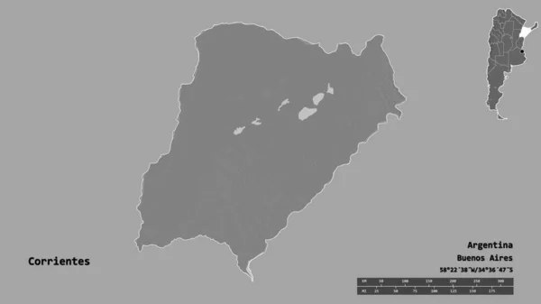 アルゼンチンの植民地であるコリエンテスの形で その首都はしっかりとした背景に孤立しています 距離スケール リージョンプレビュー およびラベル 標高マップ 3Dレンダリング — ストック写真