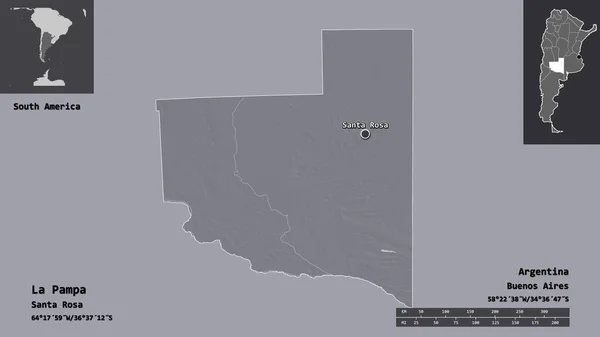 アルゼンチンの州であるラ パンパとその首都の形 距離スケール プレビューおよびラベル 色の標高マップ 3Dレンダリング — ストック写真