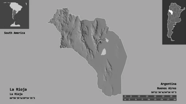 アルゼンチンの州であるラ リオハとその首都の形 距離スケール プレビューおよびラベル 標高マップ 3Dレンダリング — ストック写真