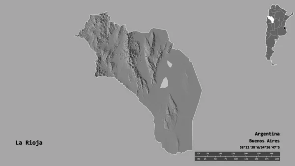 アルゼンチンの州であるラ リオハの形で その首都はしっかりとした背景に隔離されています 距離スケール リージョンプレビュー およびラベル 標高マップ 3Dレンダリング — ストック写真