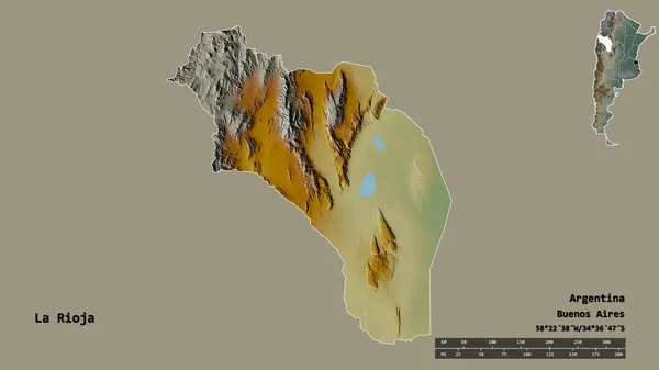 阿根廷拉里奥哈省的形状 其首都在坚实的背景下与世隔绝 距离尺度 区域预览和标签 地形浮雕图 3D渲染 — 图库照片