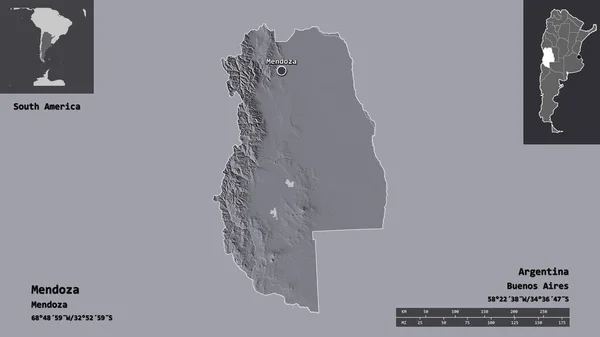 アルゼンチンの州であるメンドーサとその首都の形 距離スケール プレビューおよびラベル 色の標高マップ 3Dレンダリング — ストック写真