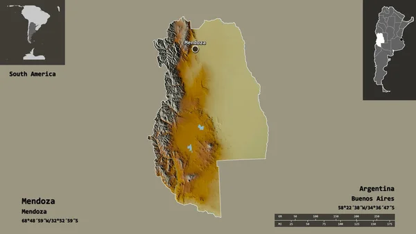 アルゼンチンの州であるメンドーサとその首都の形 距離スケール プレビューおよびラベル 地形図 3Dレンダリング — ストック写真