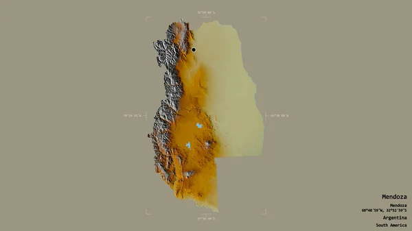 阿根廷省门多萨的一个地区 在一个地理参考方块中 在坚实的背景下与世隔绝 地形浮雕图 3D渲染 — 图库照片