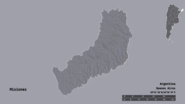 阿根廷的米西奥内斯省的形状 其首都在坚实的背景下与世隔绝 距离尺度 区域预览和标签 彩色高程图 3D渲染 — 图库照片