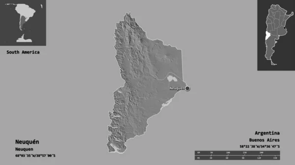 アルゼンチンのノイケン州とその首都の形 距離スケール プレビューおよびラベル 標高マップ 3Dレンダリング — ストック写真