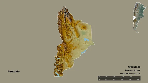 アルゼンチンのノイケン州の形で その首都はしっかりとした背景に隔離されています 距離スケール リージョンプレビュー およびラベル 地形図 3Dレンダリング — ストック写真