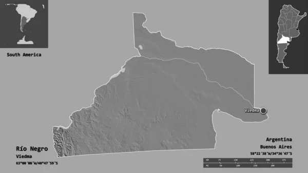 阿根廷省里约内格罗的形状及其首都 距离刻度 预览和标签 Bilevel高程图 3D渲染 — 图库照片