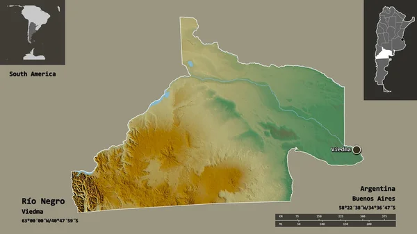 阿根廷省里约内格罗的形状及其首都 距离刻度 预览和标签 地形浮雕图 3D渲染 — 图库照片