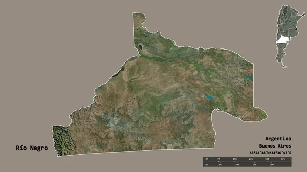 阿根廷省里奥内格罗的形状 其首都在坚实的背景下与世隔绝 距离尺度 区域预览和标签 卫星图像 3D渲染 — 图库照片