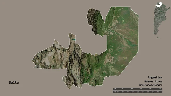 阿根廷萨尔塔省的形状 其首都在坚实的背景下与世隔绝 距离尺度 区域预览和标签 卫星图像 3D渲染 — 图库照片