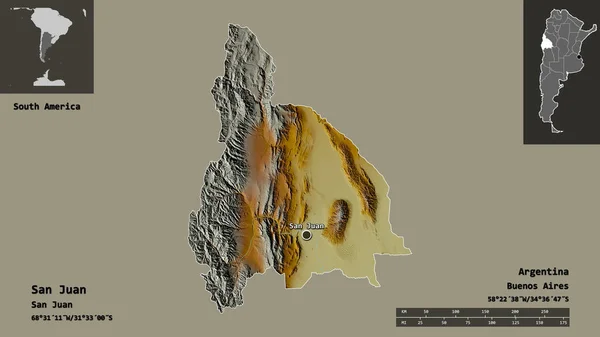アルゼンチンのサンファン州とその首都の形 距離スケール プレビューおよびラベル 地形図 3Dレンダリング — ストック写真