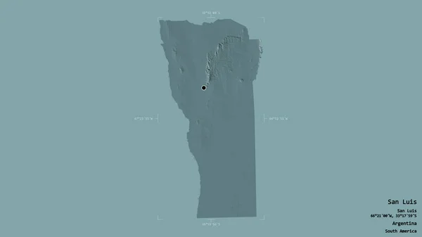 アルゼンチンの州 サンルイスの地域は 洗練された境界ボックスにしっかりとした背景に隔離されています ラベル 色の標高マップ 3Dレンダリング — ストック写真