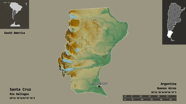 アルゼンチンのサンタクルーズ県とその首都の形 距離スケール プレビューおよびラベル 地形図 3Dレンダリング — ストック写真