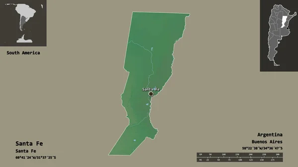 圣达菲的形状 阿根廷的省 及其首都 距离刻度 预览和标签 地形浮雕图 3D渲染 — 图库照片
