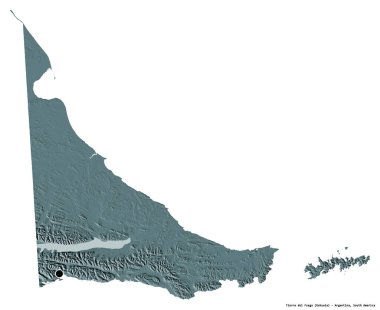 Tierra del Fuego 'nun şekli, Arjantin' in ulusal bölgesi, başkenti beyaz arka planda izole edilmiştir. Renkli yükseklik haritası. 3B görüntüleme