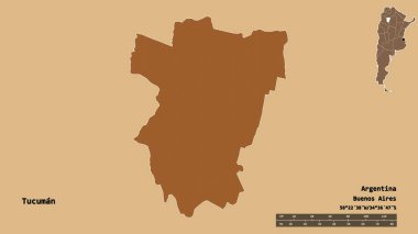 Arjantin 'in Tucuman şehrinin başkenti sağlam bir zemin üzerinde izole edilmiştir. Uzaklık ölçeği, bölge önizlemesi ve etiketleri. Desenli dokuların bileşimi. 3B görüntüleme