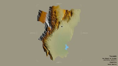 Arjantin 'in Tucuman bölgesinde katı bir arka planda izole edilmiş bir sınır kutusu var. Etiketler. Topografik yardım haritası. 3B görüntüleme