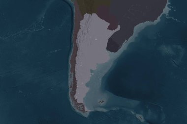 Arjantin 'in şekli, komşu bölgelerin dedoygunluğuyla ayrılır. Renkli yükseklik haritası. 3B görüntüleme