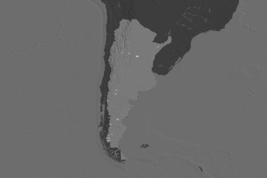 Arjantin 'in şekli, komşu bölgelerin dedoygunluğuyla ayrılır. Çift seviyeli yükseklik haritası. 3B görüntüleme