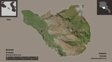 Ermenistan, Ermenistan ve başkenti Ararat 'ın şekli. Uzaklık ölçeği, ön gösterimler ve etiketler. Uydu görüntüleri. 3B görüntüleme