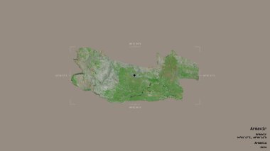 Ermenistan 'ın Armavir bölgesi, jeoreferatlı bir sınır kutusunda sağlam bir arka planda izole edilmiş. Etiketler. Uydu görüntüleri. 3B görüntüleme