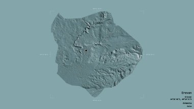 Erevan bölgesi, Ermenistan şehri, jeoreferatlı bir sınır kutusunda sağlam bir arka planda izole edilmiş. Etiketler. Renkli yükseklik haritası. 3B görüntüleme