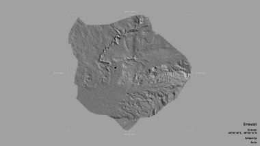 Erevan bölgesi, Ermenistan şehri, jeoreferatlı bir sınır kutusunda sağlam bir arka planda izole edilmiş. Etiketler. Çift seviyeli yükseklik haritası. 3B görüntüleme