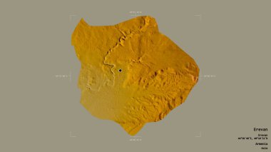 Erevan bölgesi, Ermenistan şehri, jeoreferatlı bir sınır kutusunda sağlam bir arka planda izole edilmiş. Etiketler. Topografik yardım haritası. 3B görüntüleme
