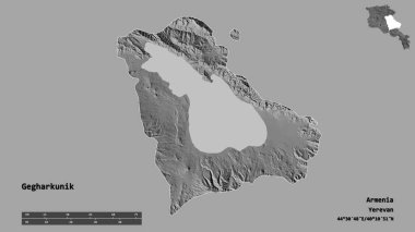 Ermenistan 'ın Gegharkunik bölgesi, başkenti sağlam bir zemine sahip. Uzaklık ölçeği, bölge önizlemesi ve etiketleri. Çift seviyeli yükseklik haritası. 3B görüntüleme