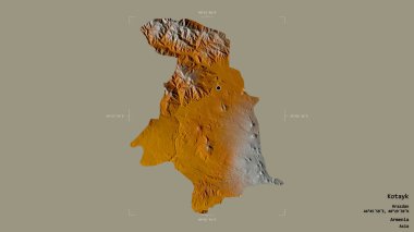 Kotayk bölgesi, Ermenistan eyaleti, jeoreferatlı bir sınır kutusunda sağlam bir arka planda izole edilmiş. Etiketler. Topografik yardım haritası. 3B görüntüleme